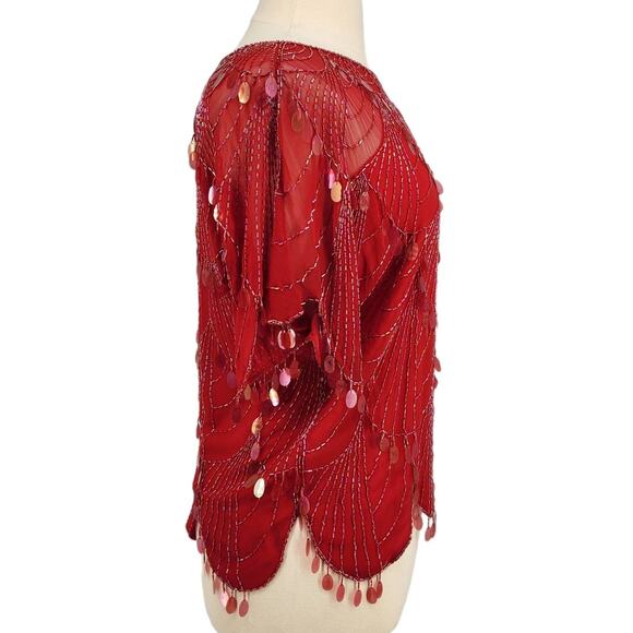 Vintage Plum Blossom Beaded Top Hand Embroidery Red XL - Picture 5 of 6